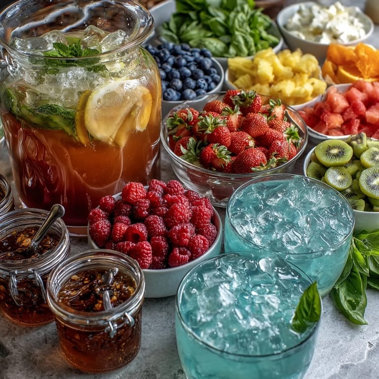 An inviting Summer Party Lemonade Bar featuring fresh berries, citrus, and chilled lemonade for mixing.