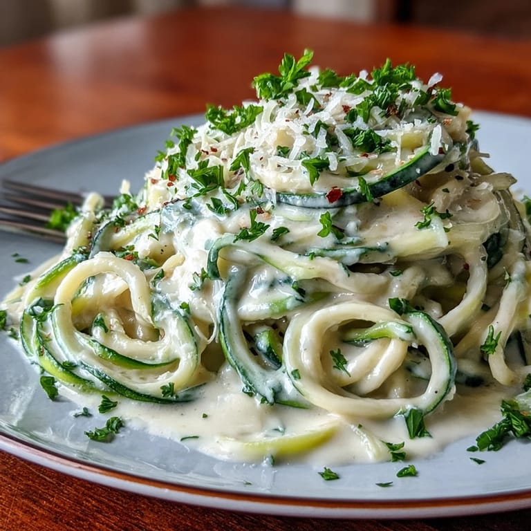 Low-carb zucchini noodles tossed in a rich, velvety cottage cheese Alfredo sauce with garlic and Parmesan.