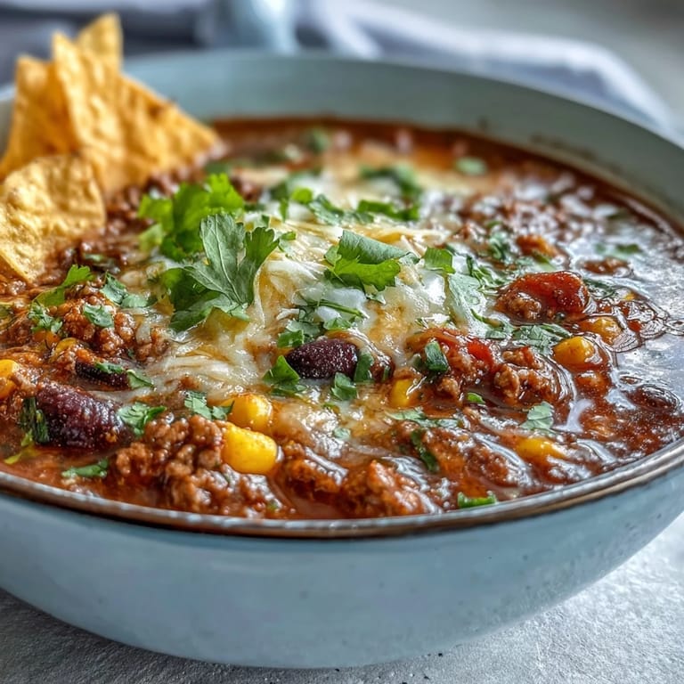 A hearty Tex-Mex taco soup simmering with seasoned beef, black beans, and diced tomatoes, served with crispy tortilla chips on the side.  