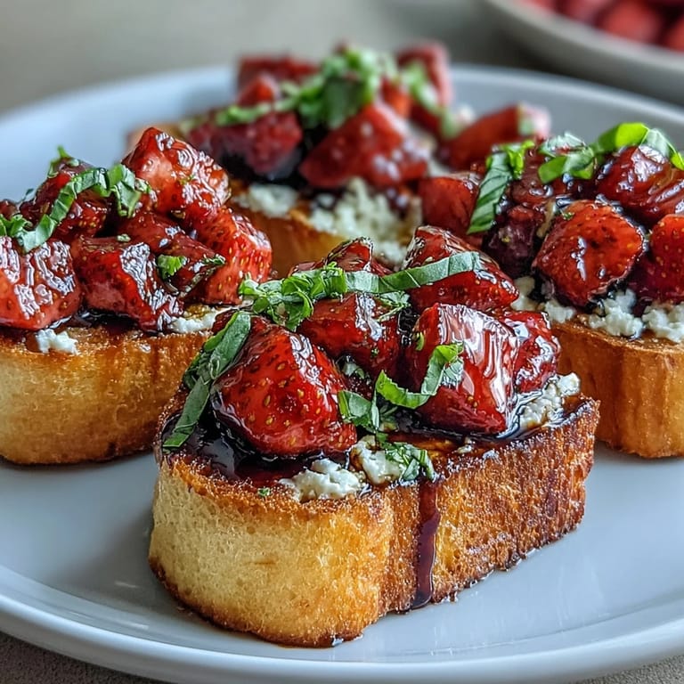 Sweet and savory balsamic strawberry bruschetta with tangy glaze and creamy cheese on golden toasted bread slices.