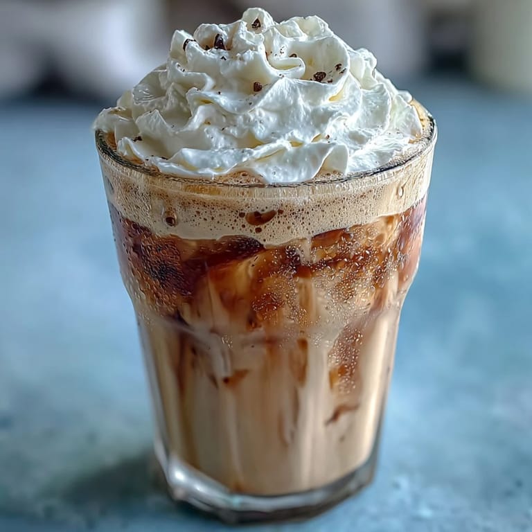 Creamy iced vanilla bean frappuccino blended with almond milk and ice, served with a generous swirl of homemade coconut whipped cream.