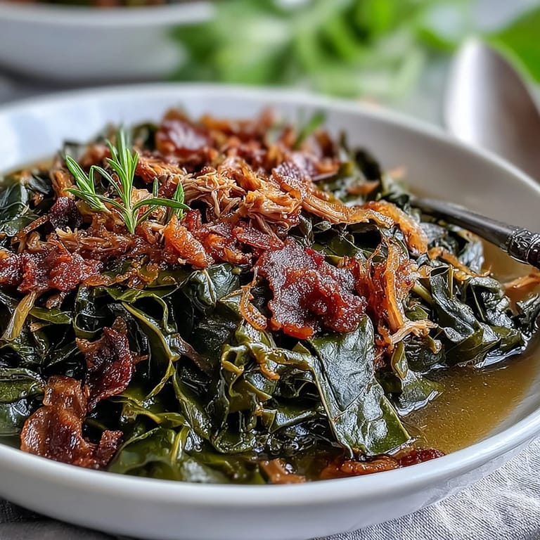 Hearty bowl of soul food collard greens with shredded smoked turkey, onions, and savory broth for a classic Southern meal.