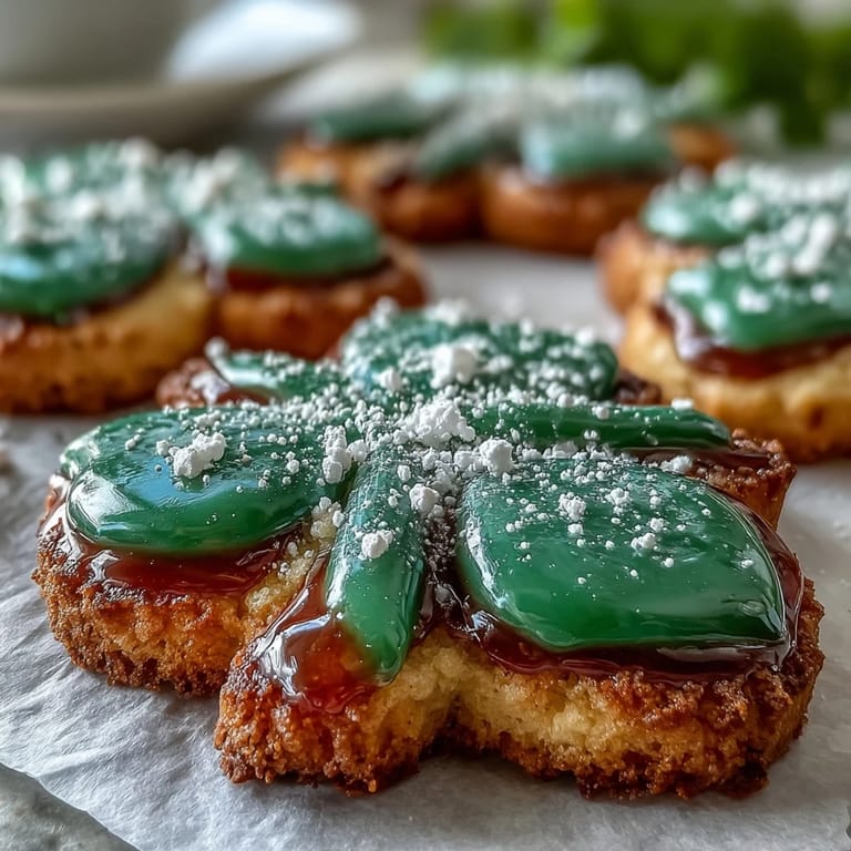 Golden-baked shamrock sugar cookies topped with bright green royal icing, ideal for Irish-themed parties.