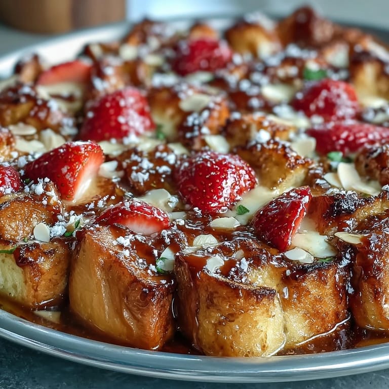 Decadent strawberry French toast casserole with creamy custard and sliced almonds, perfect for celebrating Mother's Day with family.