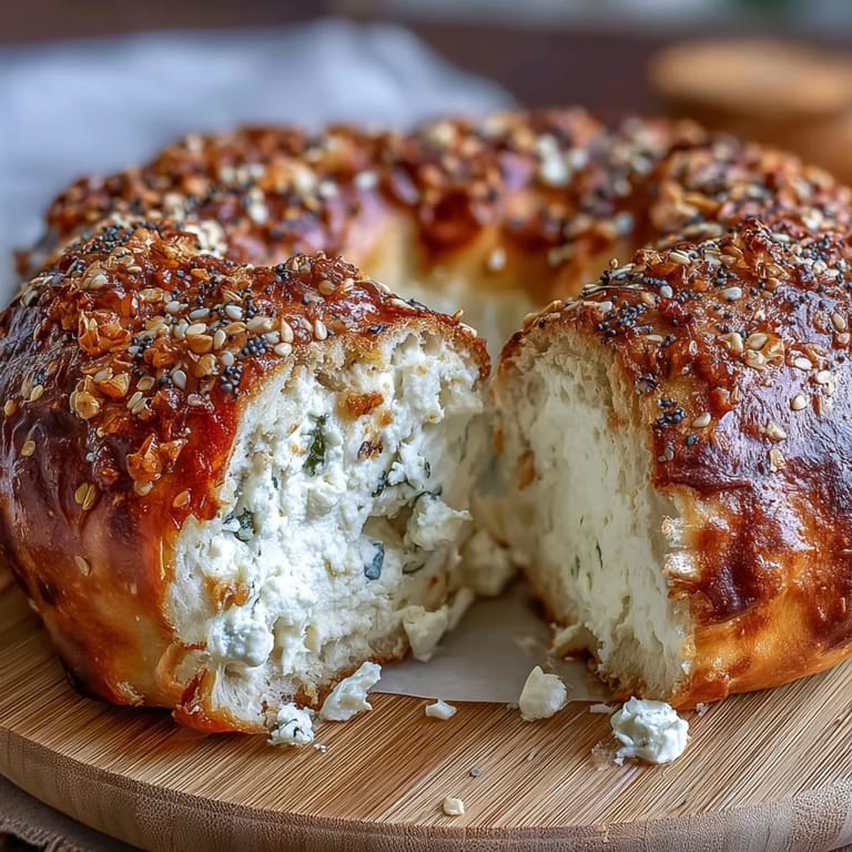 High-protein cottage cheese bagels topped with everything bagel seasoning, fresh from the oven and ready to slice.