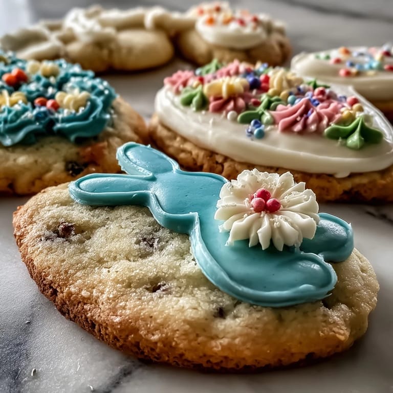 Delightful homemade sugar cookies decorated with colorful pastel icing in Easter shapes like eggs, bunnies, and chicks.