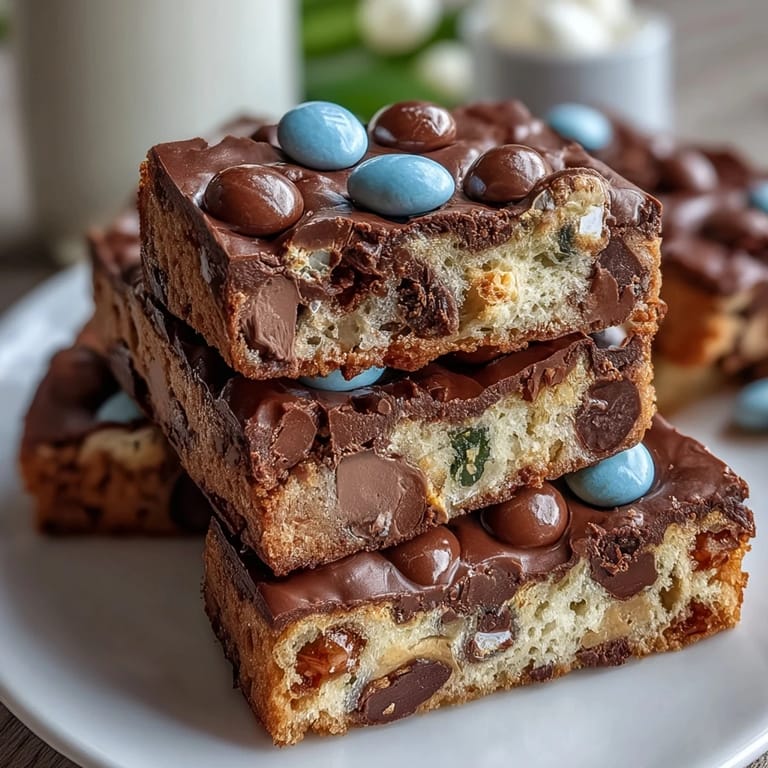 Colorful pastel M&Ms and Cadbury mini eggs stud these chewy cookie bars, making them a festive Easter dessert treat.