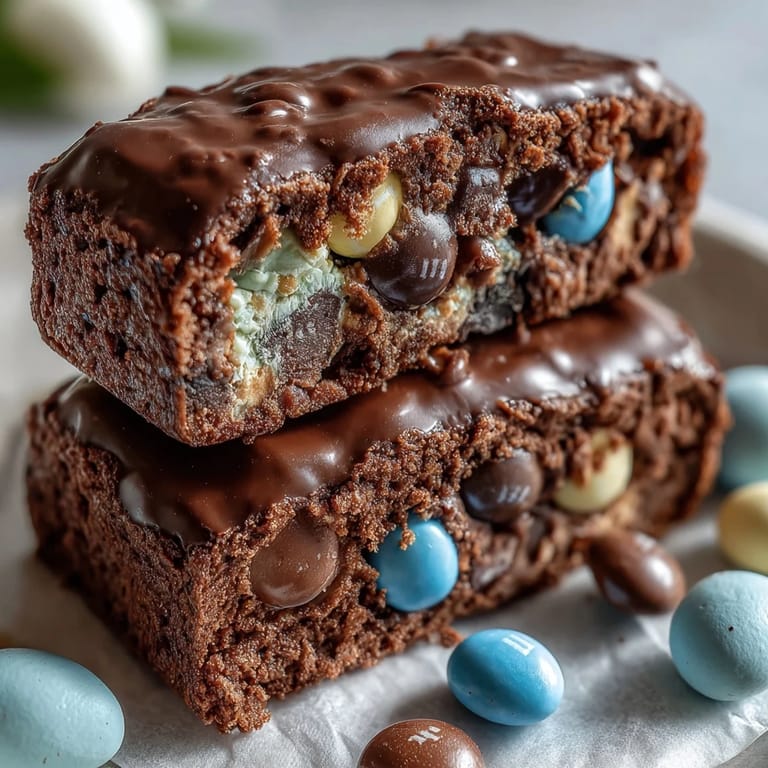 Golden-brown cookie bars with Cadbury mini eggs and pastel M&Ms, offering a soft, chewy texture and sweet chocolate crunch.