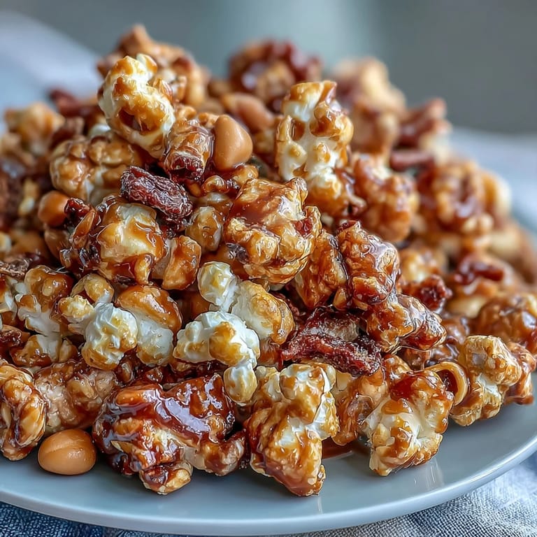 A festive game day treat: Baseball Season Popcorn Mix with Peanuts and Caramel, perfect for sharing at sports parties or movie nights.
