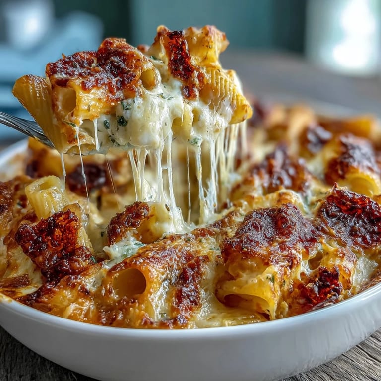 Family-friendly One-Pot Cheesy Pasta Bake featuring gooey mozzarella, cheddar, and Parmesan baked to perfection.