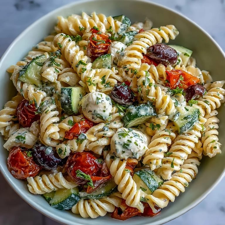 Refreshing summer pasta salad featuring al dente rotini, crisp veggies, and zesty Italian dressing for picnics.  