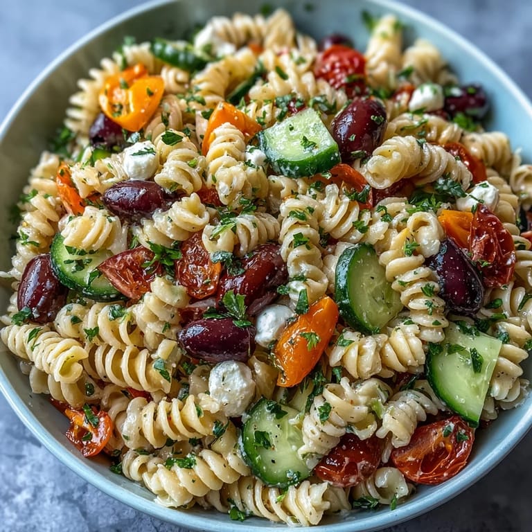 Easy pasta salad with Italian dressing, cherry tomatoes, cucumber, and bell peppers, perfect for outdoor gatherings.