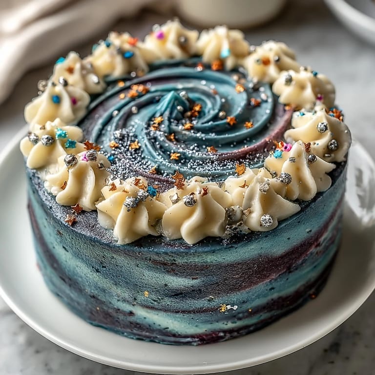 Graduation celebration cake with dreamy galaxy design, edible glitter accents, and white star splatters, creating a magical dessert centerpiece.