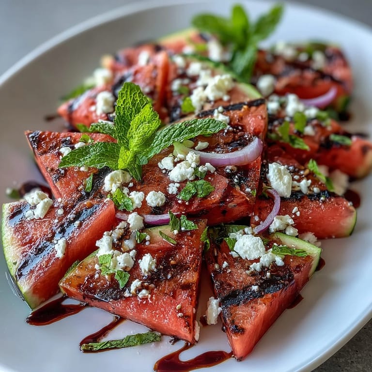 Juicy grilled watermelon paired with tangy feta and aromatic mint, perfect for warm-weather dining.