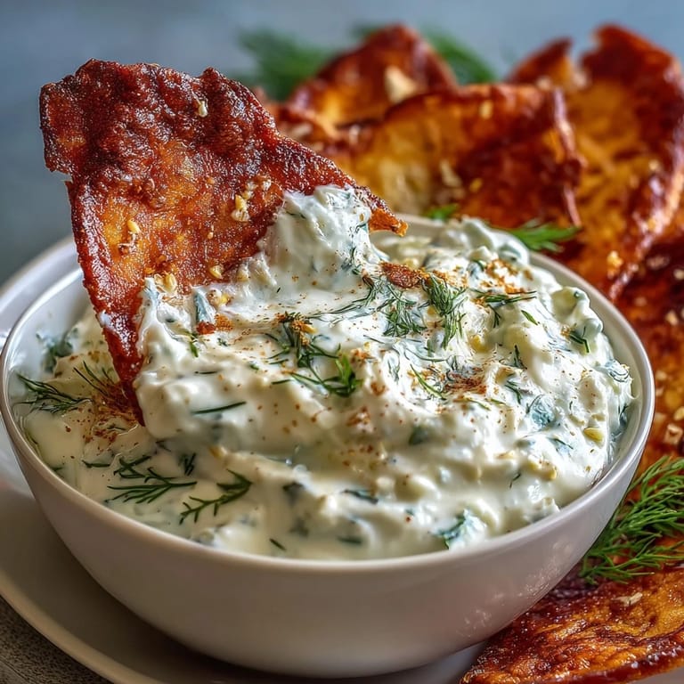 Freshly baked pita chips with tzatziki: savory, crispy bites alongside cool, tangy cucumber-yogurt sauce.