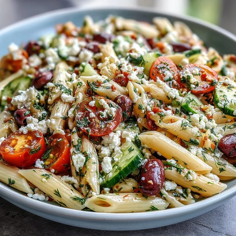 Refreshing summer pasta salad with classic Greek flavors, colorful vegetables, and crumbled feta, ideal for picnics and BBQs.