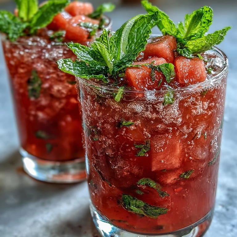 Vibrant non-alcoholic spritz featuring chilled watermelon juice, sparkling water, and bright lime slices, garnished with mint sprigs for a festive summer drink.