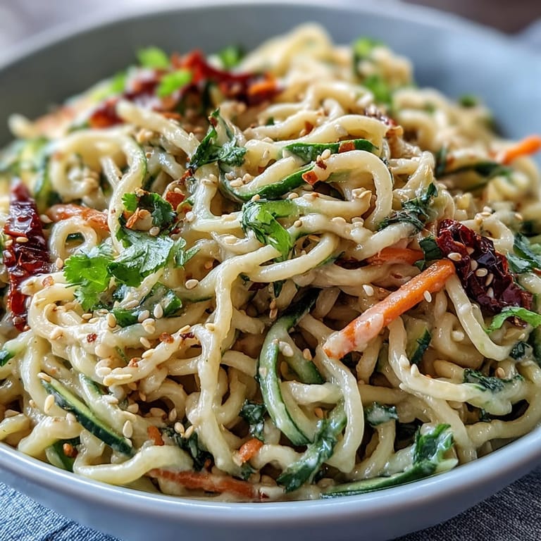 Refreshing cold sesame noodle bowl with julienned cucumber, topped with herbs and a tangy sesame dressing for easy lunches.