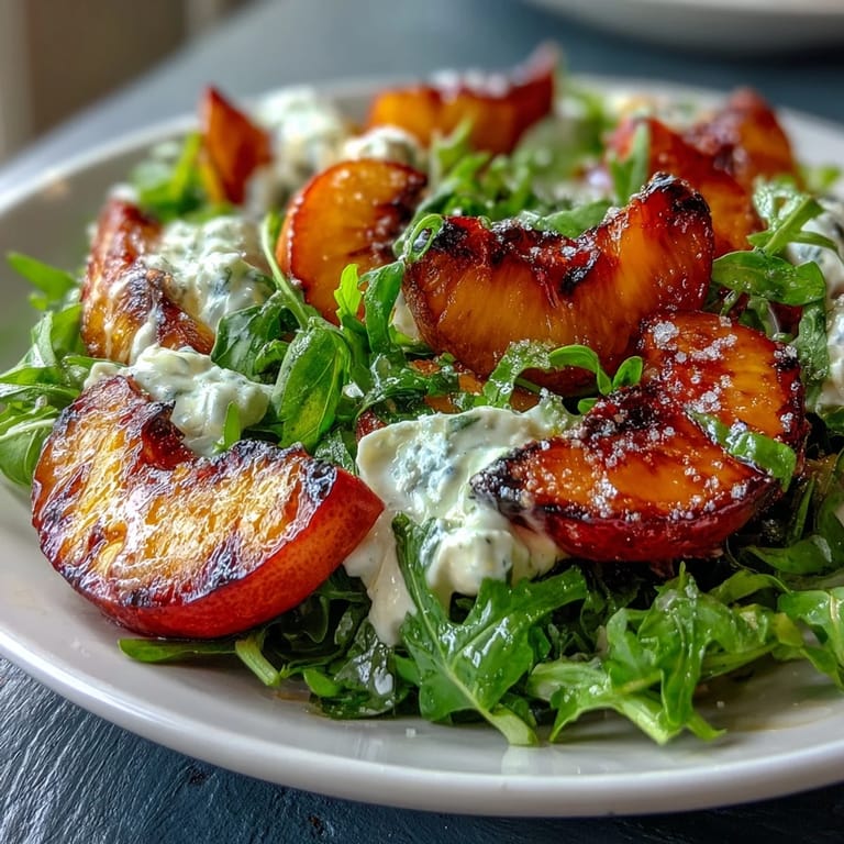 Colorful salad of grilled peaches, burrata, arugula, and honey drizzle—perfect for warm-weather dining.