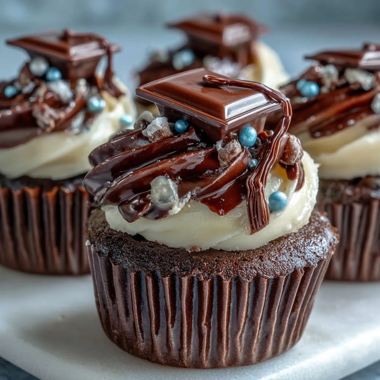 Easy graduation cupcakes featuring soft vanilla cake, creamy frosting, and charming chocolate graduation cap toppers with candy tassels for festive parties.