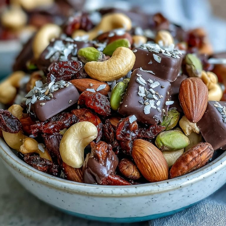 A vibrant mix of almonds, cashews, dried fruits, and dark chocolate chunks in a snack bowl.