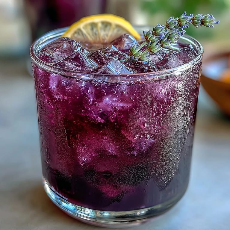 Refreshing lavender lemonade refresher in a pitcher, showcasing a stunning purple hue from butterfly pea tea.  