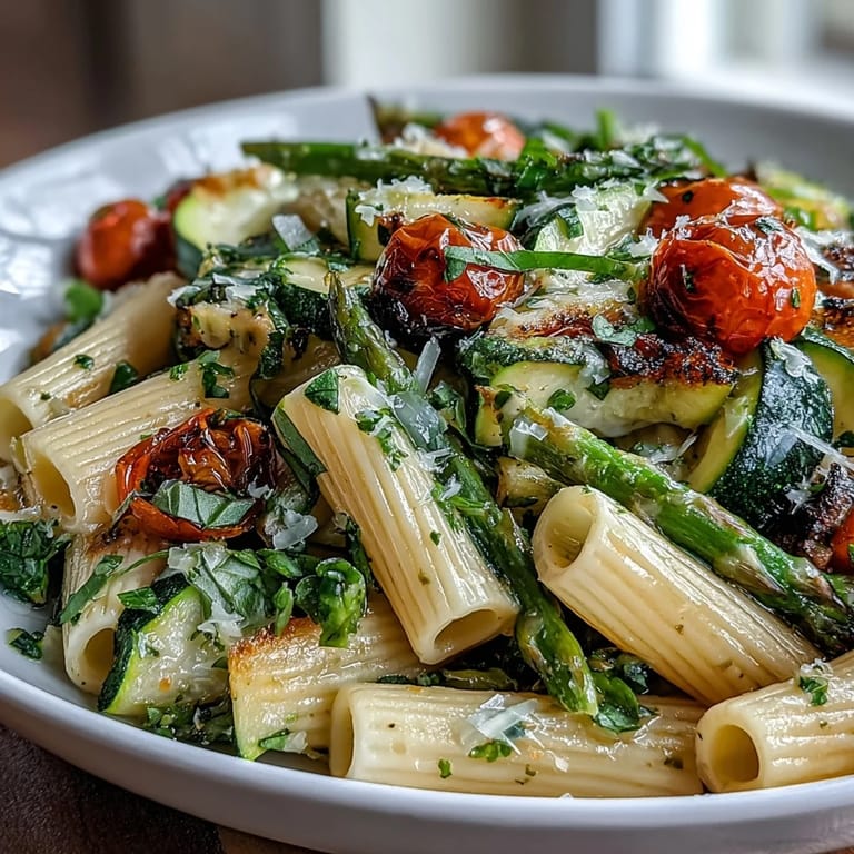 Vibrant spring pasta primavera featuring crisp asparagus, zucchini, and cherry tomatoes tossed with Parmesan.