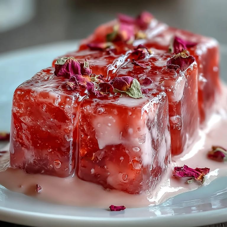 Beautiful mosaic of strawberry and rose gelatin suspended in smooth cream base.