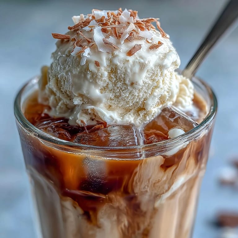 Refreshing coconut cold brew coffee float, perfect with vanilla bean ice cream.