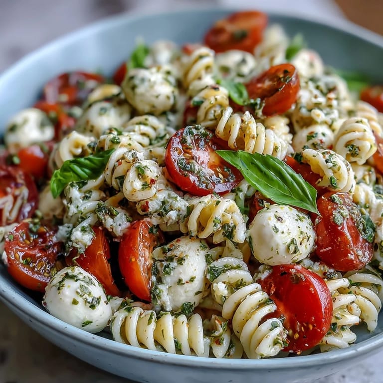 Colorful Caprese Pasta Salad, ideal for summer, with fresh basil, mozzarella pearls, and tomatoes.