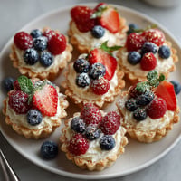 A plate of mini fruit tarts with blueberries, strawberries, and raspberries.