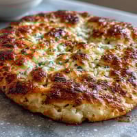 Golden-brown Fluffy Cottage Cheese Flatbread with bubbling edges, fresh herbs, and a soft, pillowy texture perfect for wraps.