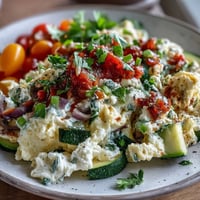 Fluffy Egg White Veggie Scramble with Salsa served hot with fresh cilantro on top.