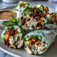 Freshly rolled Light Chicken and Veggie Spring Rolls with Peanut Sauce are presented on a white platter, ready to slice.