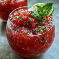 Vibrant strawberry watermelon daiquiri mocktail with fresh mint, lime, and ice in tall glasses, garnished with fruit slices.