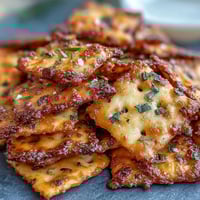 Spicy sourdough Cheez-Its with jalapeño and smoked paprika, golden and crispy, perfect for a bold snack or party platter.  