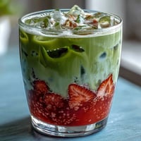 Vibrant dairy-free strawberry matcha iced latte with creamy coconut milk and fresh strawberry purée.