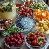 A colorful summer party lemonade bar with fresh fruit, herbs, and syrups for customizable drinks.