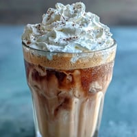 Iced Vanilla Bean Frappuccino with Coconut Whipped Cream in tall glasses topped with fluffy coconut cream and a sprinkle of vanilla bean powder.