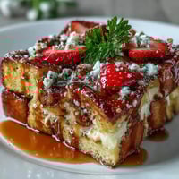 Mother's Day brunch strawberry French toast bake with fresh berries and golden crust, ready to serve at your festive table.