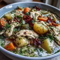 A creamy bowl of slow cooker chicken pot pie soup with tender chicken and vegetables in a rich, savory broth.