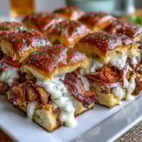 Derby Party Hot Brown Sliders on Brioche Buns: Mini sandwiches with roast turkey, crispy bacon, and creamy Mornay sauce on soft brioche rolls, ideal for Southern-themed parties.