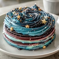 Vibrant galaxy graduation cake with shimmering edible stars and marbled buttercream, perfect for celebrating academic achievements with style.