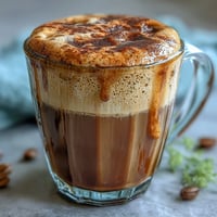 Creamy dandelion tea latte with oat milk and honey, garnished with a sprinkle of cinnamon for a cozy, caffeine-free drink.