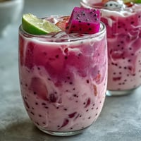 A refreshing dragon fruit refresher with creamy coconut milk, strawberries, and lime, served over ice.