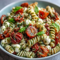 Vibrant Caprese Pasta Salad with cherry tomatoes and mozzarella pearls glistening in pesto.